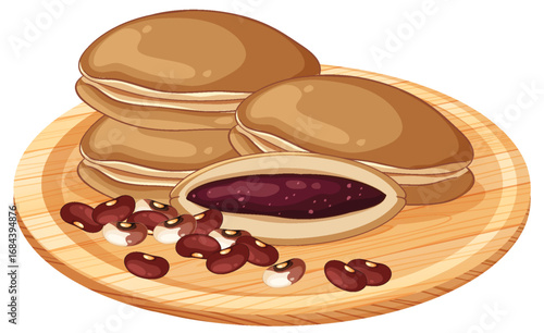 Japanese Dorayaki Pancakes with Red Bean Paste on Wooden Plate