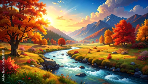 Autumnal mountain valley landscape at sunrise