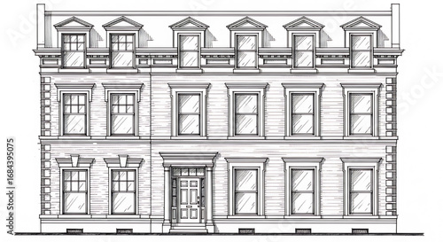 A detailed architectural illustration of a classic European-style building facade with ornate windows and roof.