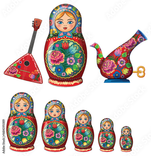 Traditional Russian Nesting Dolls with Balalaika and Samovar