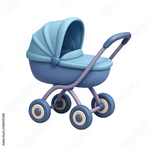 Blue 3d baby carriage with canopy and handle isolated on a transparent background stroller pram