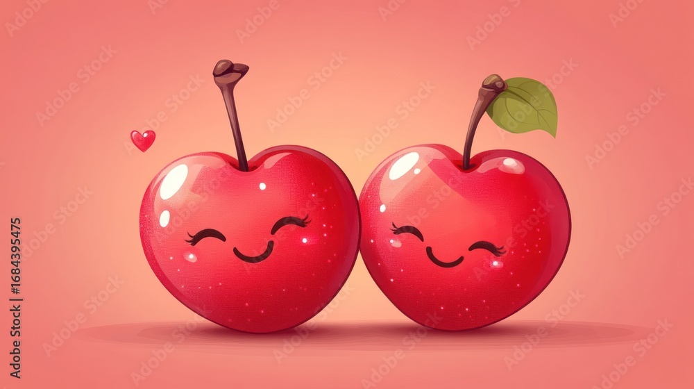 Obraz premium Two heart-shaped cherries with cartoon faces, smiling and pink background