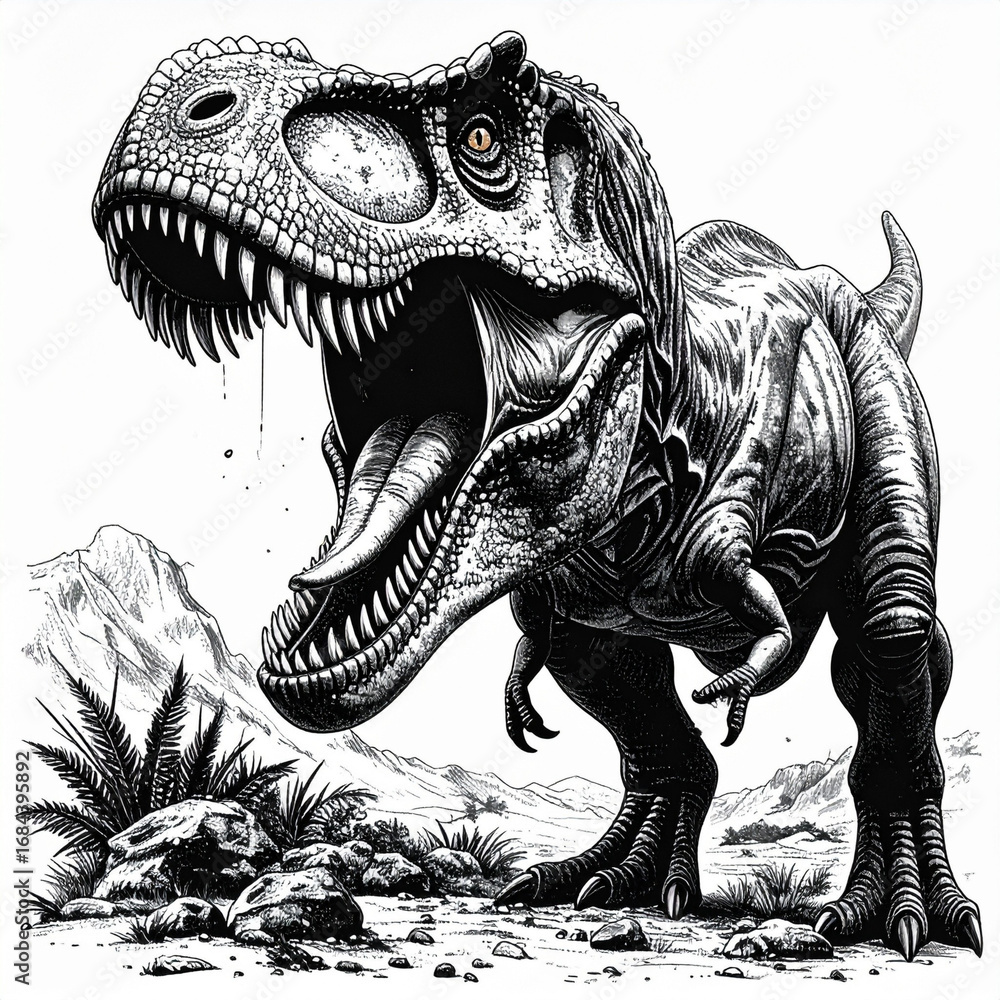 Fototapeta premium Cute green Tyrannosaurus Rex dinosaur cartoon image of funny wild animal monster.