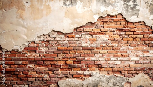 Old brick wall with crumbling plaster