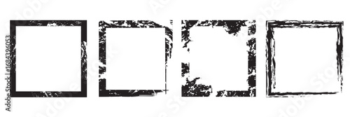 Artistic grunge Square Frame Set on Black Background. Four distressed square borders , ideal as grunge overlays, photo frames, or bold graphic design elements. Dirty texture effect.  

