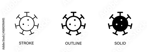 Virus icons for science, medical, pathogen, hospital, biology, infection. Vector line and solid icons. EPS 10.
