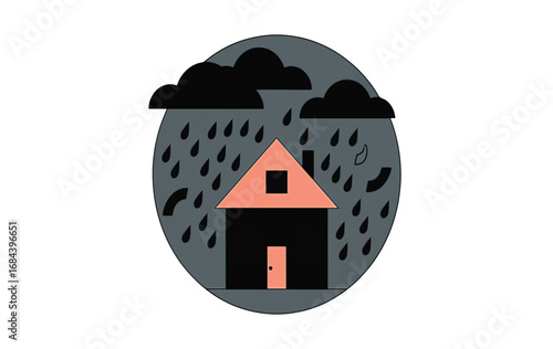 Home vulnerable to severe weather conditions with heavy rain and dark storm clouds, symbolizing property risk and the need for protection