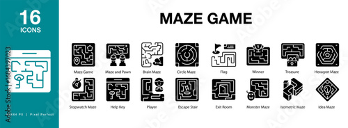 Maze Game icon set. Includes path, solution, line, riddle, find, and More. Solid icons vector collection.