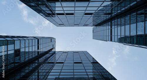 Soaring modern skyscrapers reflect clear blue sky, creating a dynamic urban architectural abstract.
