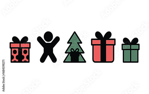 A minimalist vector graphic set of isolated Christmas holiday icons. Festive collection with gift boxes, a pine tree, and a gingerbread man for seasonal design