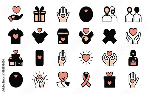 Vector icon set illustrating concepts of charity, donation, and community support. Graphic elements for non-profit and humanitarian aid projects