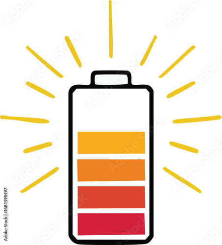 A stylized illustration of a battery, showcasing charge levels with radiating energy lines.