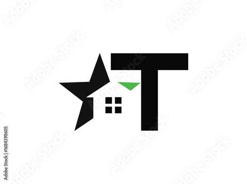 Minimalist real estate logo design featuring a modern combination of a star, house window, and bold letterforms. The symbol incorporates clean geometric shapes with a black anrator Artwork t