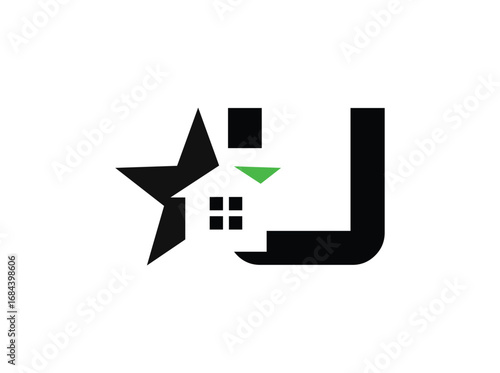 Minimalist real estate logo design featuring a modern combination of a star, house window, and bold letterforms. The symbol incorporates clean geometric shapes with a black anrator Artwork u