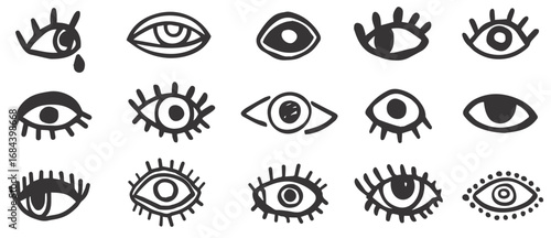 Minimalist abstract hand drawn eye doodle sketch set trend silhouette cut out figurine. illustration