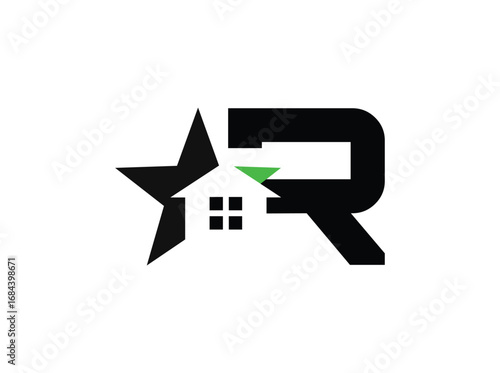 Minimalist real estate logo design featuring a modern combination of a star, house window, and bold letterforms. The symbol incorporates clean geometric shapes with a black anrator Artwork r