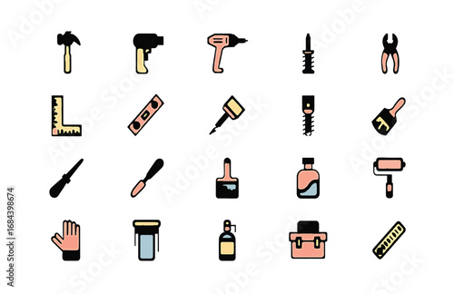 Essential collection of colorful vector tool icons, featuring diverse hand and power equipment suitable for home improvement, DIY, and construction projects