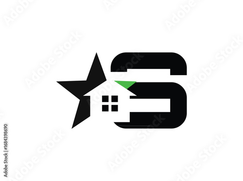 Minimalist real estate logo design featuring a modern combination of a star, house window, and bold letterforms. The symbol incorporates clean geometric shapes with a black anrator Artwork s