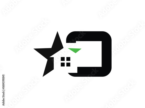 Minimalist real estate logo design featuring a modern combination of a star, house window, and bold letterforms. The symbol incorporates clean geometric shapes with a black anrator Artwork o