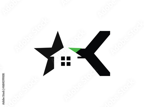 Minimalist real estate logo design featuring a modern combination of a star, house window, and bold letterforms. The symbol incorporates clean geometric shapes with a black anrator Artwork k