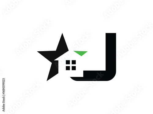 Minimalist real estate logo design featuring a modern combination of a star, house window, and bold letterforms. The symbol incorporates clean geometric shapes with a black anrator Artwork j
