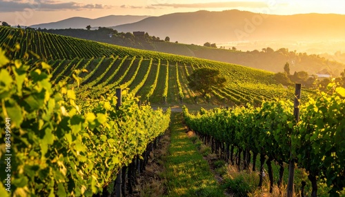A breathtaking rural landscape of vineyards, with rows of fruitful vines stretching toward the distant mountains under a dramatic sunset sky