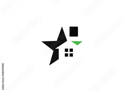 Minimalist real estate logo design featuring a modern combination of a star, house window, and bold letterforms. The symbol incorporates clean geometric shapes with a black anrator Artwork i