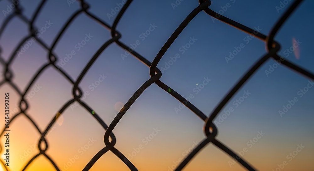 Fototapeta premium A close-up, selective focus shot of a chain-link fence silhouetted against a vibrant sunset sky.