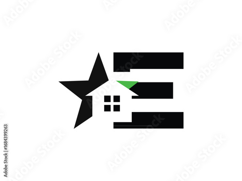 Minimalist real estate logo design featuring a modern combination of a star, house window, and bold letterforms. The symbol incorporates clean geometric shapes with a black anrator Artwork e