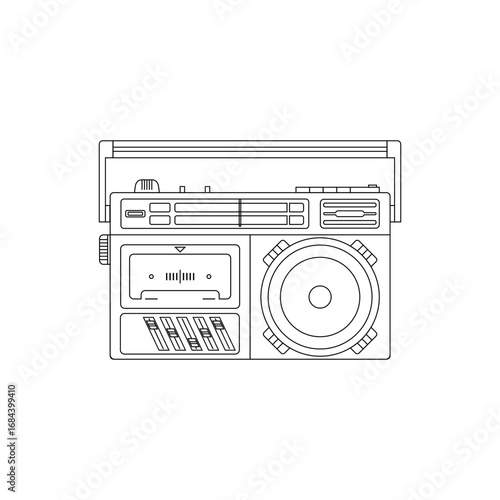 Outline vector illustration of 90s radio cassette recorder with mono speaker, clean minimal line design.