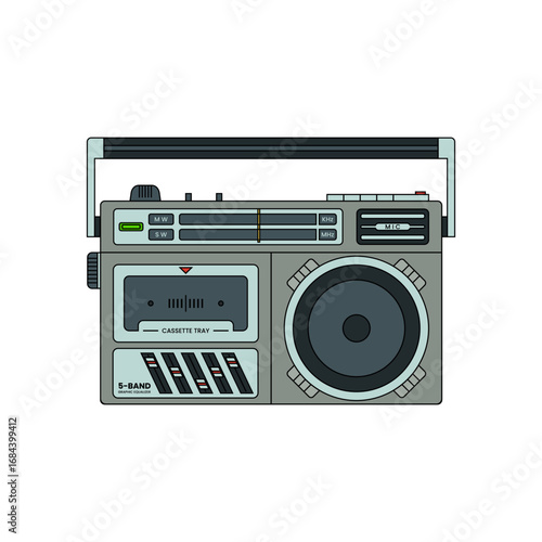 Lineal color vector illustration of 90s radio cassette recorder with mono speaker, retro audio device.