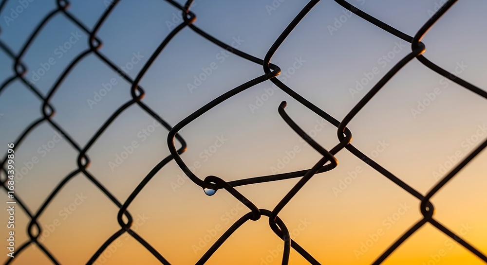 Fototapeta premium Close-up view of a chain-link fence against a colorful sunset sky.