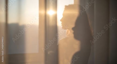 Silhouette of a woman at sunset, seen through a sheer curtain.