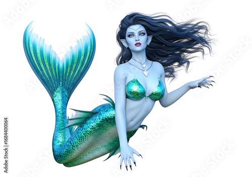A captivating illustration of a mystical mermaid, showcasing a striking teal and blue tail, contrasting against a dark backdrop.