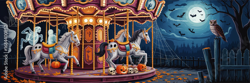 Spooky Halloween Carousel at Night with Ghosts, Pumpkins, Unicorn Horses, Bats, Full Moon, and Owl – Festive Dark Vector Illustration