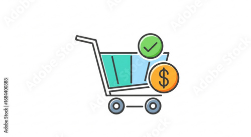 Online shopping cart with checkmark and dollar coin for ecommerce purchase and checkout process success