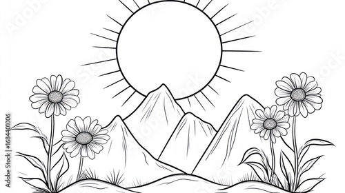 Wallpaper Mural Sunlit mountain landscape with daisies; coloring page Torontodigital.ca