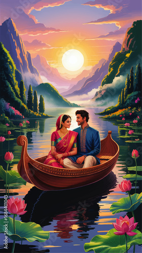 Romantic Indian Couple in Traditional Dress on Lotus Lake Boat at Sunset, Majestic Mountains, Dreamy Landscape, Vibrant Colors, Digital Art