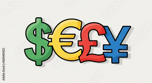 Currency symbols dollar euro pound yen finance money exchange rate global economy international trade market hundred