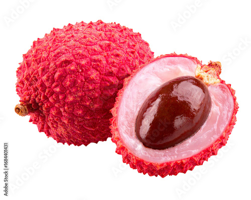 Whole and Split Lychee with Exposed Seed, top-down composition, isolated on transparent background PNG