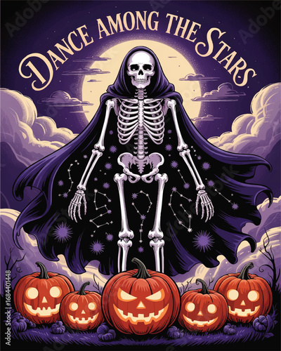 Spooky Skeleton in Starry Cloak with Jack-o’-Lantern Pumpkins and Full Moon, Halloween Night Illustration, “Dance Among the Stars” Artwork