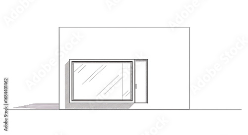 Architectural sketch focusing on a large, minimalist picture window, highlighting modern fenestration on a clean building facade.