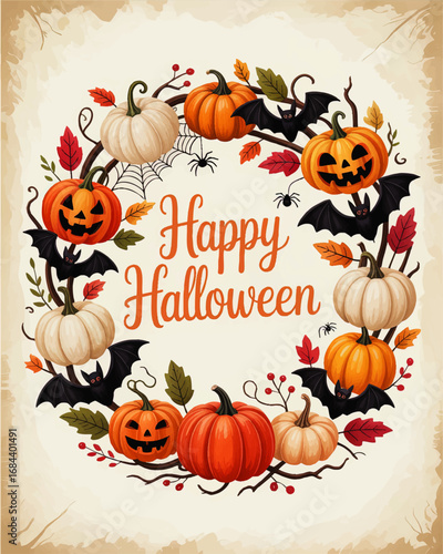 Vintage Halloween Wreath Illustration with Pumpkins, Jack-O’-Lanterns, Bats, Spiders, Autumn Leaves, and Happy Halloween Text