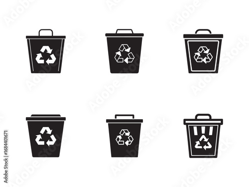 Black and White Recycling Bins Illustration for Environmental Awareness and Sustainable Living Practices Six Different Styles