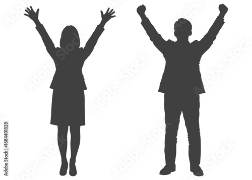 バンザイする女性OLとガッツポーズをする男性サラリーマンのシルエット 全身正面のイラスト