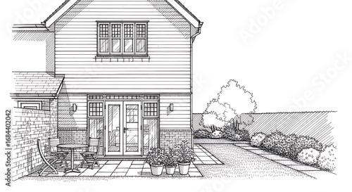 Charming hand-drawn sketch of a traditional two-story suburban family home with a welcoming porch and detailed siding.
