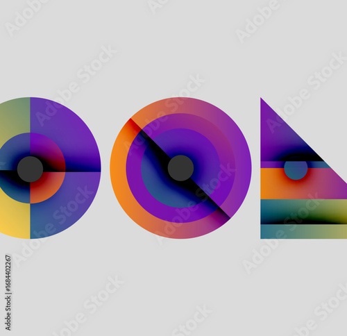 Abstract geometric composition. Circles, triangle, vibrant colors blend smoothly. Modern design, digital illustration, gradient effects present.