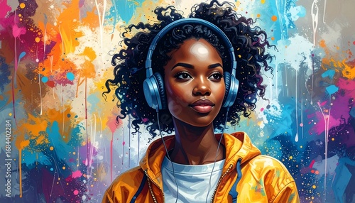 Vibrant Melodies: A Digital Portrait of a Young Woman Immersed in Music