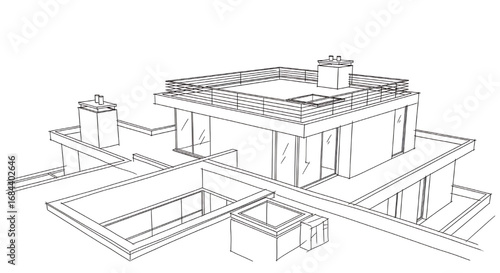 Top-down perspective blueprint-style sketch of a modern house with a flat roof, swimming pool, and detailed patio layout.