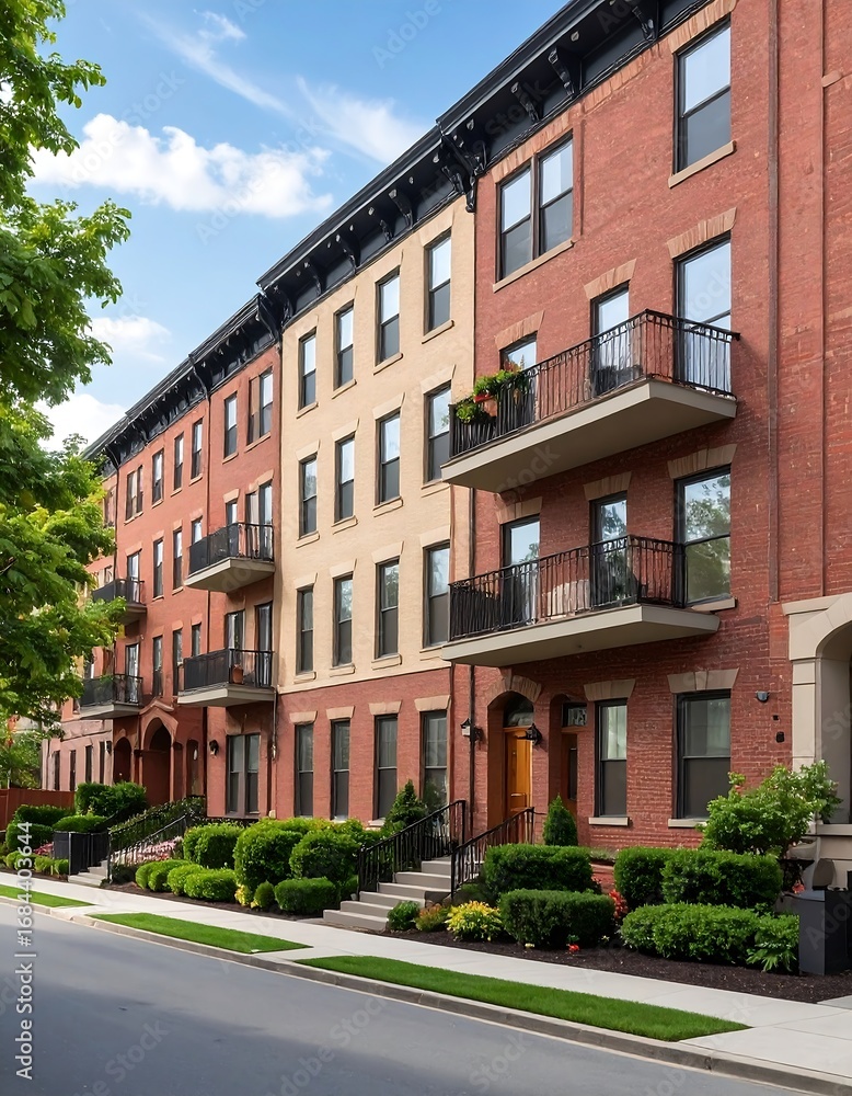Naklejka premium A row of charming brick townhouses lines a city street, adorned with well-maintained landscaping and attractive architectural details.